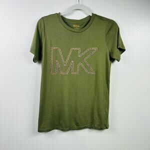 Michael Kors Olive Green Gold Chain Logo T-Shirt Graphic Tee Size XS